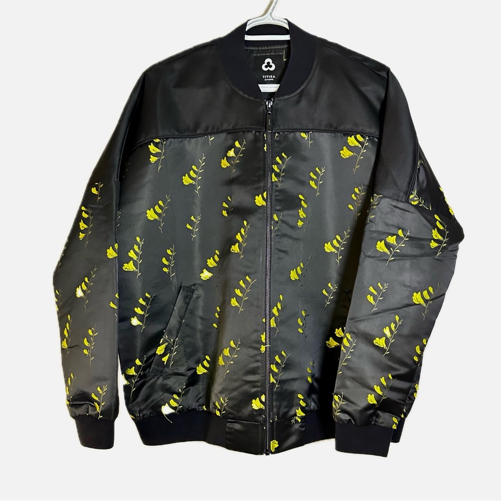 Titika Couture Satin Bomber Jacket Yellow Floral Embroidery Black Size Large